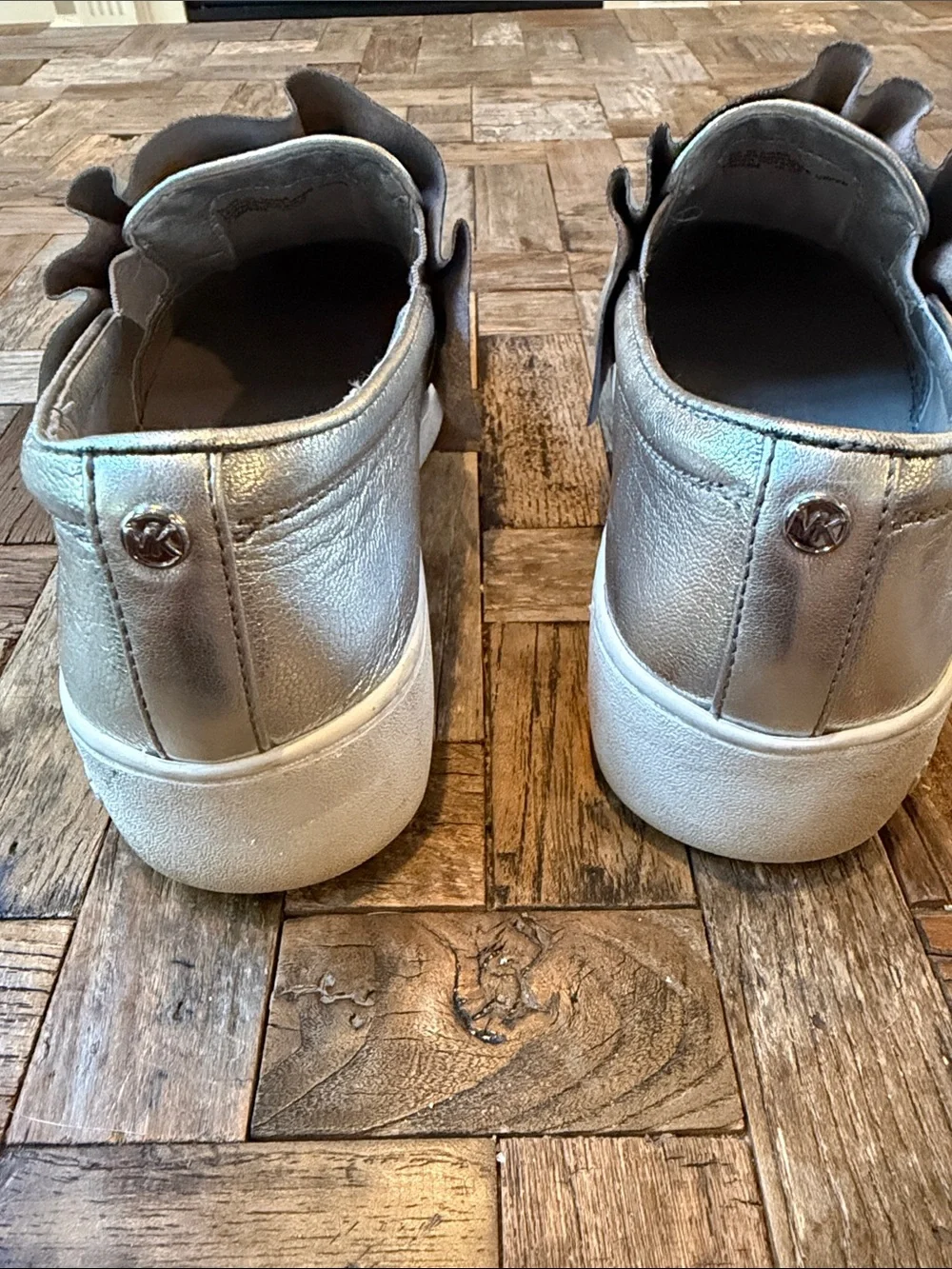 Michael Kors Bella Metallic Silver Platform Sneaker with Ruffle Detail 7 1/2